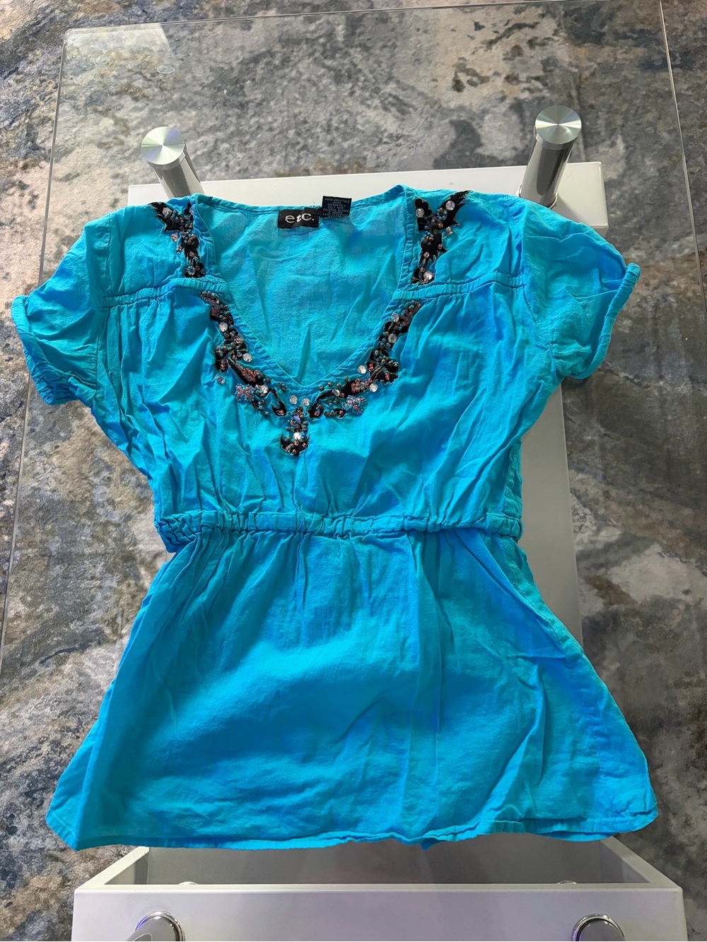 Embellished V-Neck Turquoise Women's Tunic Top